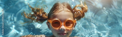 Young girl wearing sunglasses floating in a pool, banner, copy space #1082251486