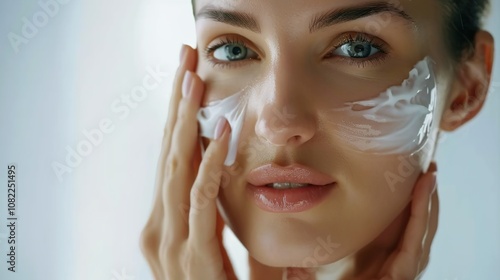 skin care. Beautiful woman touching healthy facial skin portrait. Beautiful smiling Asian girl model with natural makeup, close-up on blue background, touching glowing hydrated skin