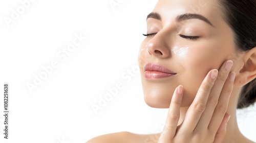 skin care. Beautiful woman touching healthy facial skin portrait. Beautiful smiling Asian girl model with natural makeup, close-up on blue background, touching glowing hydrated skin