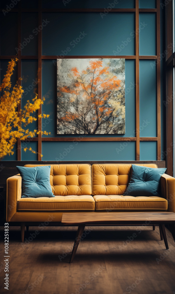 Obraz premium Modern living room interior with yellow sofa wooden coffee table and blue pillows