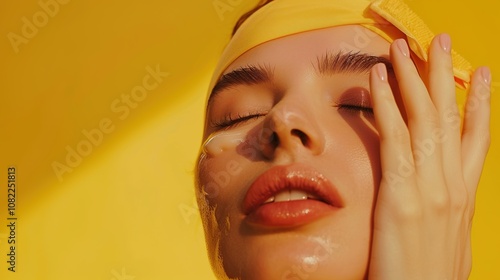 skin care. Beautiful woman touching healthy facial skin portrait. Beautiful smiling Asian girl model with natural makeup, close-up on blue background, touching glowing hydrated skin