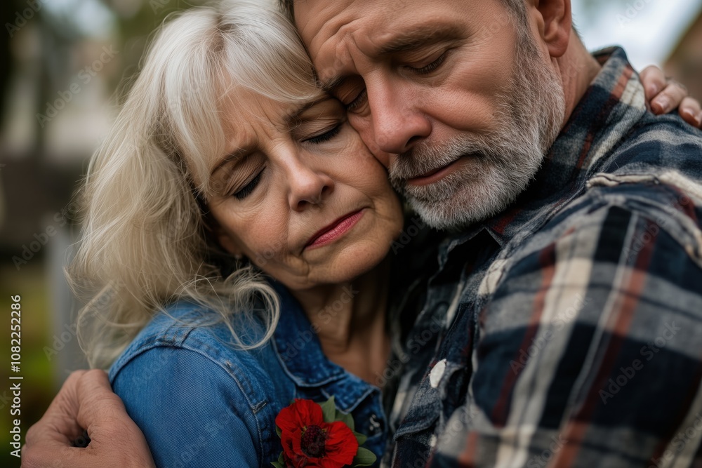 an elderly woman grieving the loss of a loved one, leaning on a man comforting her an elderly woman grieving the loss of a loved one, leaning on a man comforting her