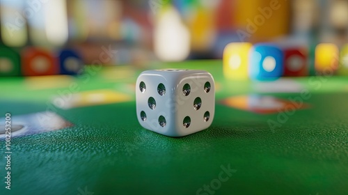 A close-up of a white six-sided die on a vibrant green playing surface, emphasizing a sense of chance and fun. photo