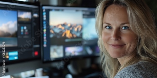 Woman smiling at computer screens, creative workspace, digital editing, nature photography