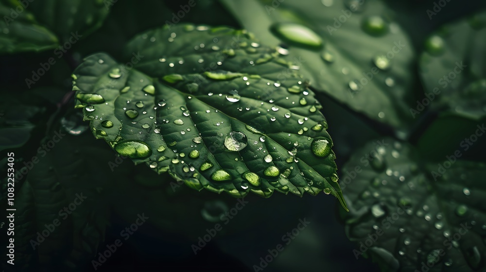 Close-Up of Sparkling Raindrops on a Dark Green Leaf, Highlighting Nature’s Tranquil Beauty Close-Up of Sparkling Raindrops on a Dark Green Leaf, Highlighting Nature’s Tranquil Beauty