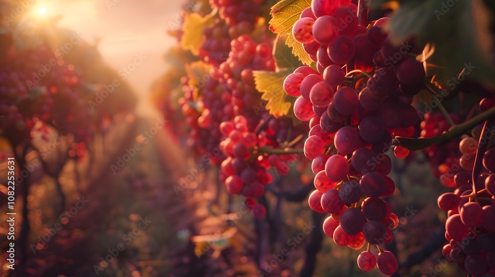 Close-Up View of Fresh Red Grapes in a Vineyard Field, Highlighting Bountiful Harvest and Nature Close-Up View of Fresh Red Grapes in a Vineyard Field, Highlighting Bountiful Harvest and Nature