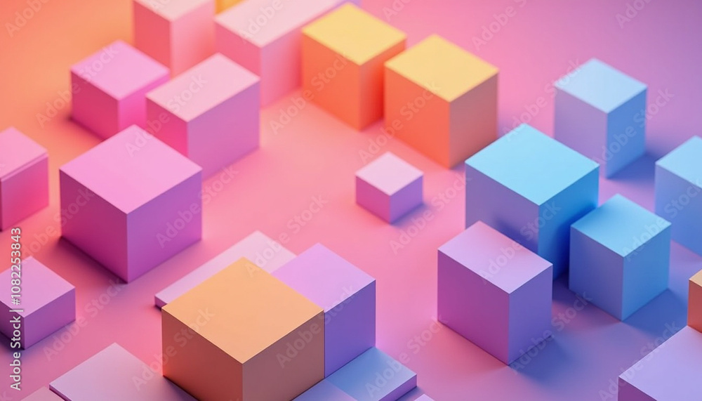 Obraz premium Isometric 3D background with cubes and bright gradients, multi-colored cubes as if floating in space, with shadows and volume, create a modern and abstract look