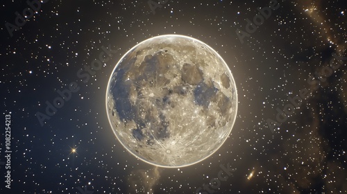 A serene full moon illuminating a calm lake at midnight.