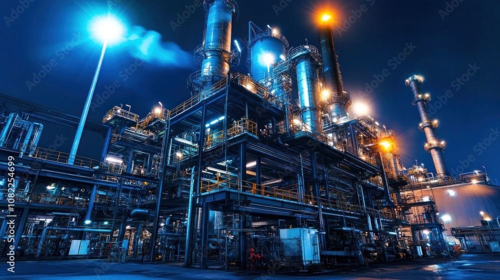 A night view of an industrial facility with illuminated structures and equipment. A night view of an industrial facility with illuminated structures and equipment.