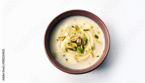 Creamy Dessert with Pistachios in a Clay Bowl