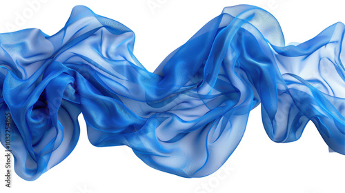 Flowing blue fabric waves, dynamic and airy, evoke movement, offering a serene, elegant visual experience. Isolated on white background or PNG