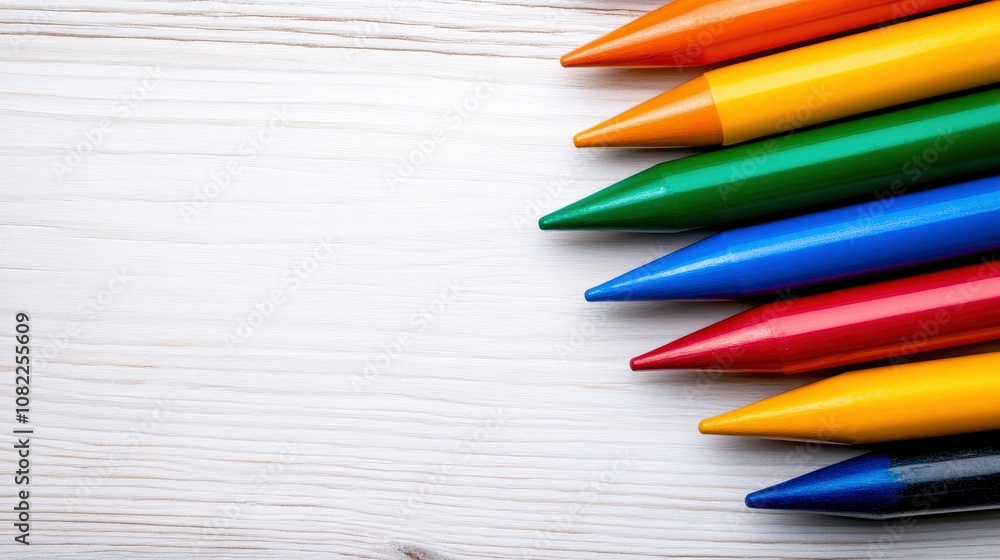 Fototapeta premium Colorful Crayons on White Wooden Background