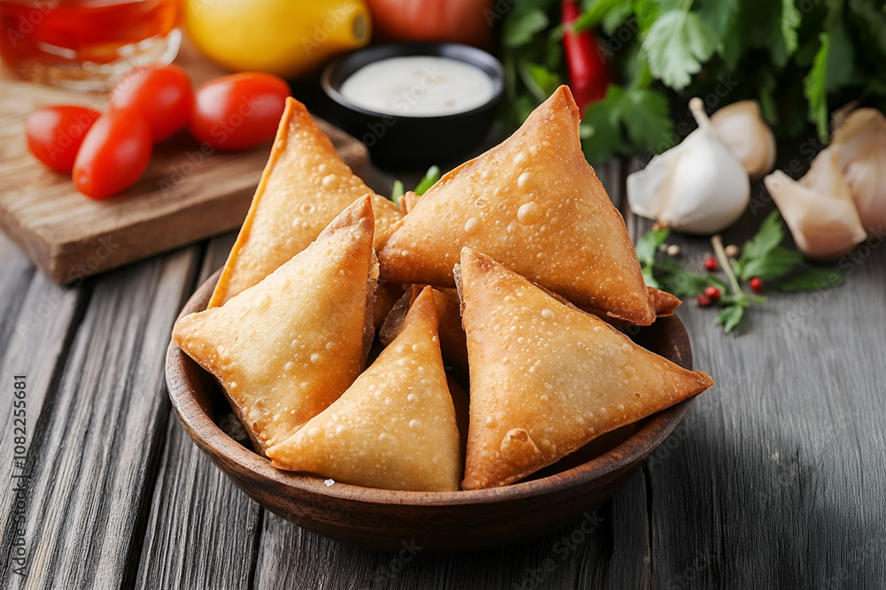Indian cuisine, fried Samsa in a plate on a wooden background Indian cuisine, fried Samsa in a plate on a wooden background