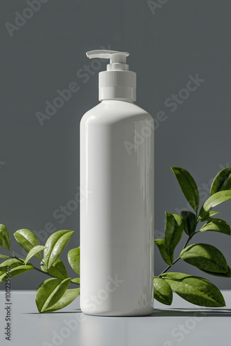 A white plastic bottle with a pump on top of it