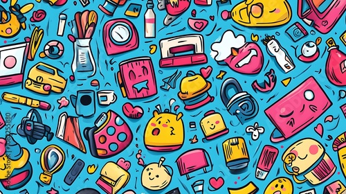 Whimsical Hand-Drawn Illustration of Colorful Objects on a Blue Background AI Generated