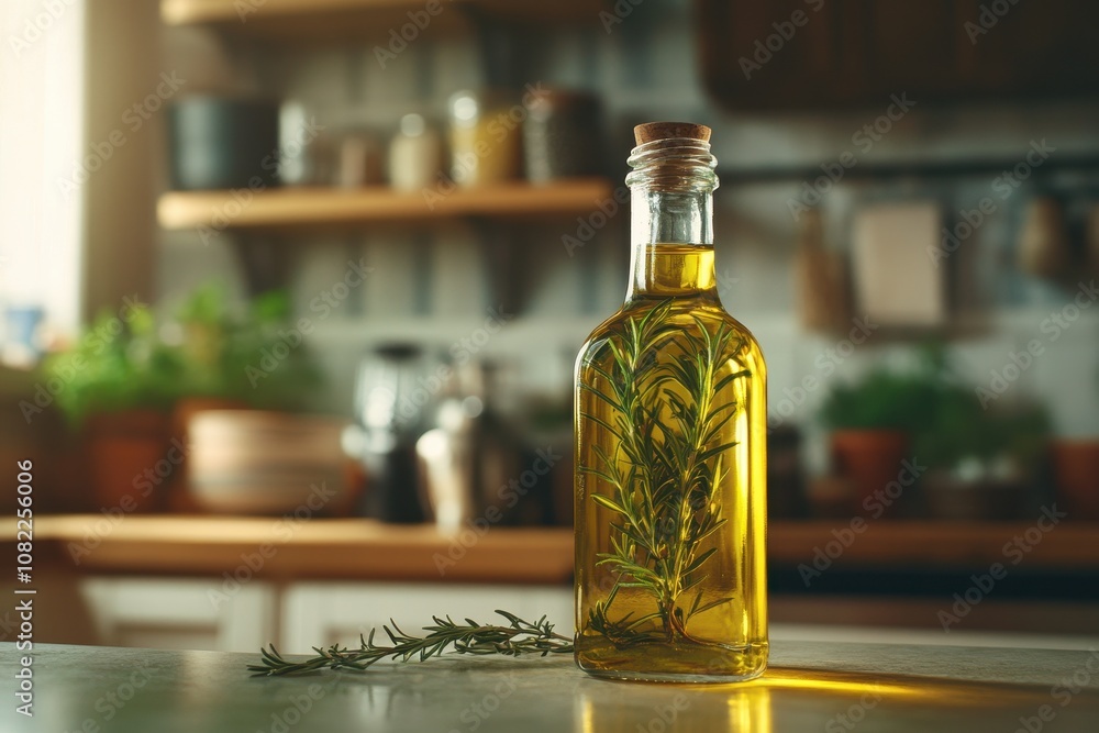 Olive Oil Bottle with Rosemary Kitchen Product Photography Home Environment Close-Up Culinary Art Olive Oil Bottle with Rosemary Kitchen Product Photography Home Environment Close-Up Culinary Art