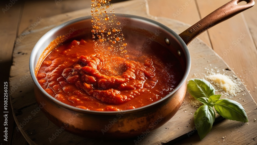 A deep pot of tomato sauce simmering with bubbles on the surface, giving off a rich, hearty aroma.