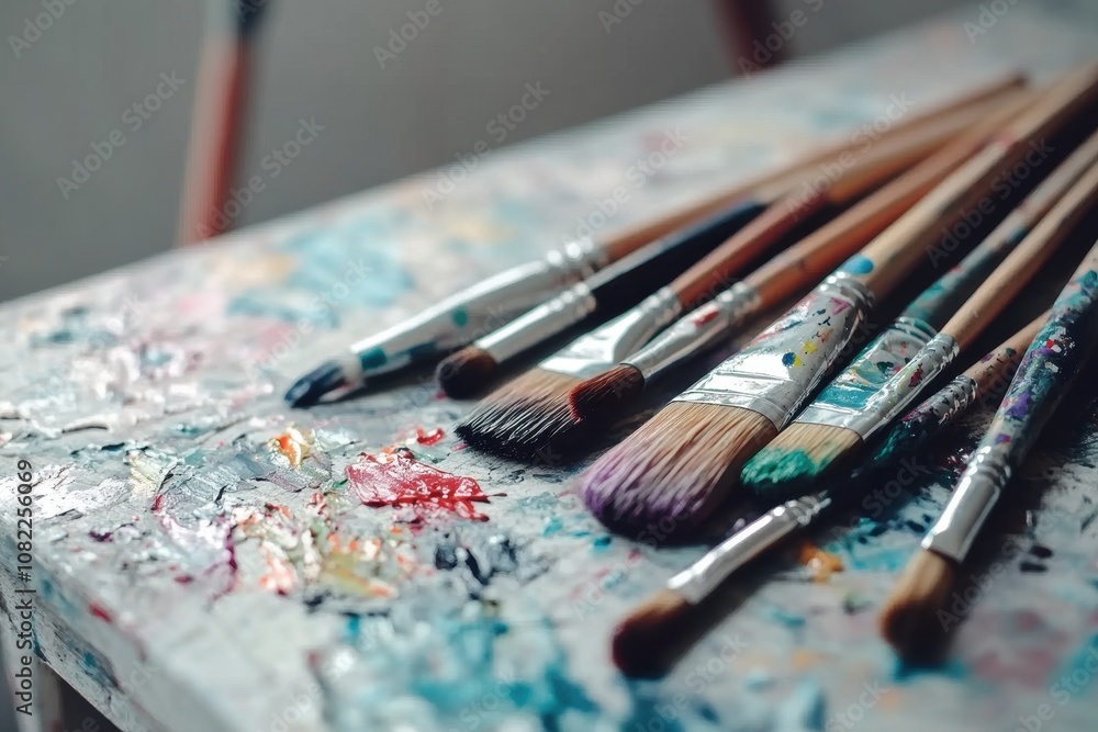 Fototapeta premium Creative Paintbrushes Arrangement Studio Workspace Artistic Tools Colorful Environment Close-Up View Artistic Inspiration