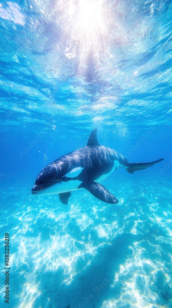 Naklejka premium Orca Swimming Underwater Nature Photography Tropical Ocean Clear View Marine Life Exploration