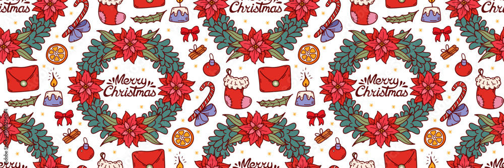 Naklejka premium Christmas wreath with fir twigs and red poinsettia pattern. Festive winter background. Candle, envelope, stocking, candy cane and lettering doodle Vector illustration. For wrapping paper, packaging.