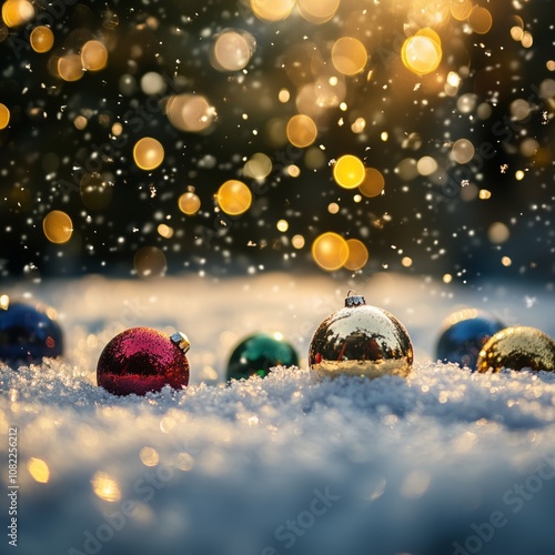 close up of a faling snowflakes float gently through the air, a bunch of a lot of colorful christmas baubles lying in the snow, winter air, sunlight, Golden bokeh - - Generative AI	
 photo