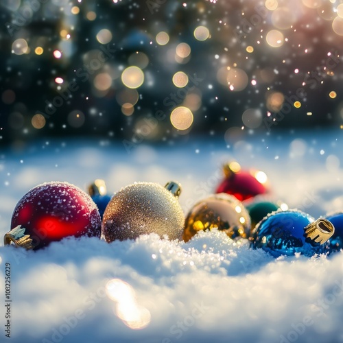 close up of a faling snowflakes float gently through the air, a bunch of a lot of colorful christmas baubles lying in the snow, winter air, sunlight, Golden bokeh - - Generative AI	
 photo