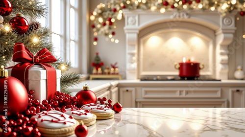 A kitchen counter with a christmas tree and cookies on it photo