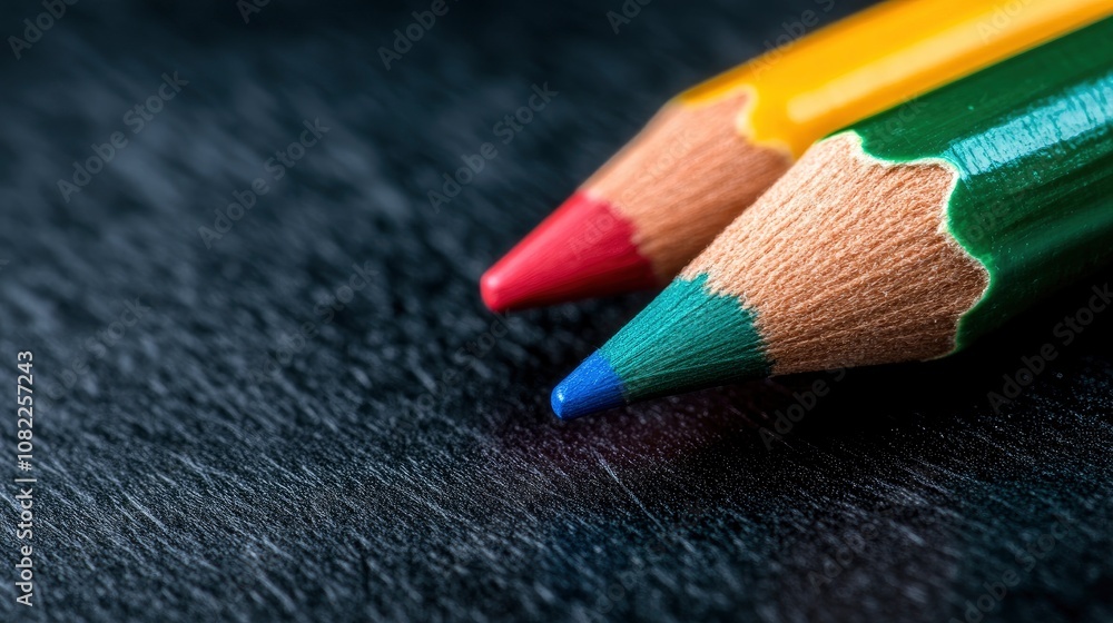 Close-up of colorful pencils on a black surface Close-up of colorful pencils on a black surface