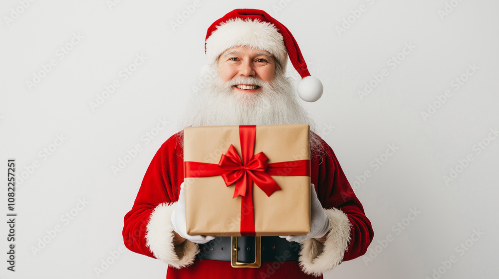 Old Santa Claus Man in Christmas Hat Red Suit Clothes Holding a Big Gift Present Greeting Box White Background Studio Shot. Happy New Year, Merry Christmas, x-mas Holiday Old Santa Claus Man in Christmas Hat Red Suit Clothes Holding a Big Gift Present Greeting Box White Background Studio Shot. Happy New Year, Merry Christmas, x-mas Holiday