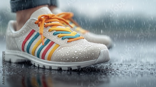 Close-up of rainbow-colored shoelaces with a glossy finish, splattered with water droplets, laced through a white shoe in an urban rain setting, Photorealistic