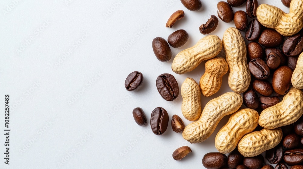 A mix of roasted coffee beans and peanuts on a white background. A mix of roasted coffee beans and peanuts on a white background.