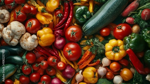 A colorful background with spices and vegetables, seen from above. There's plenty of room to add your own text.