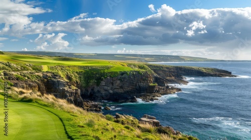 A challenging golf course on a rugged coastline, Golfing equipment set for a challenging game, Coastal golfing style