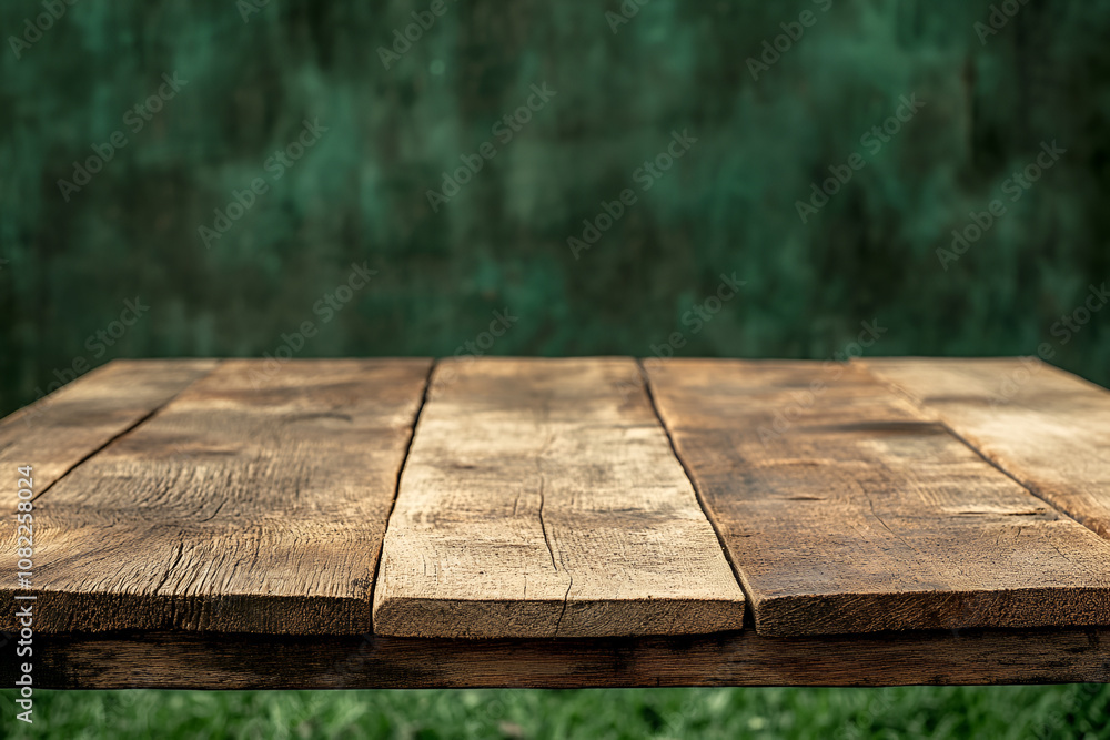 Fototapeta premium Wooden table in a sunny spring landscape for a concept