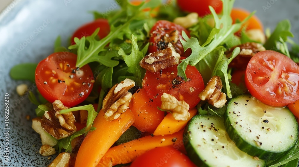 A colorful mix of fresh veggies like tomatoes, cucumbers, salad greens, carrots, walnuts, zucchini, and garlic. They look delicious and healthy, perfect for a nutritious breakfast. A colorful mix of fresh veggies like tomatoes, cucumbers, salad greens, carrots, walnuts, zucchini, and garlic. They look delicious and healthy, perfect for a nutritious breakfast.