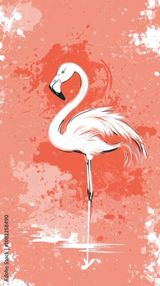 Fototapeta premium A stylized illustration of a flamingo against a coral background with artistic splashes.