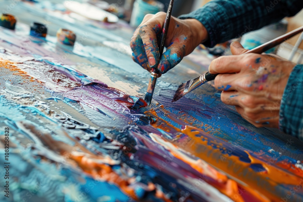 Fototapeta premium A lifestyle photo of a person creating an abstract piece on a large canvas, using various painting techniques and tools