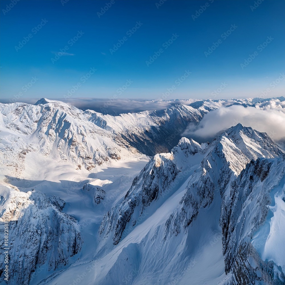 Obraz premium Breathtaking Aerial View of Snow-Covered Mountains in Winter, Captured with No People for a Majestic Zoom Background or Weather-Themed Nature Scene