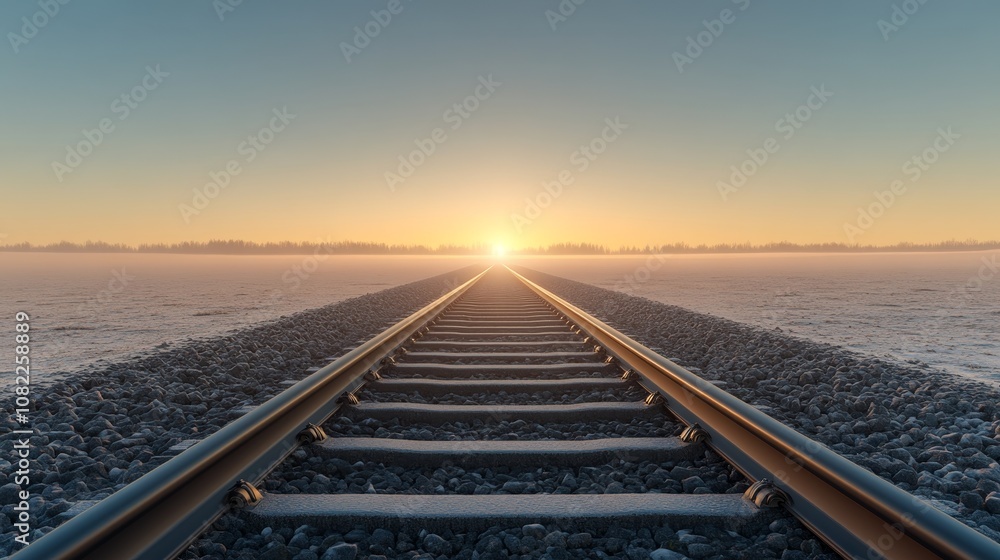 Fototapeta premium Steam rising from a railway track on a cold morning, with soft sunlight breaking through fog, Photorealistic