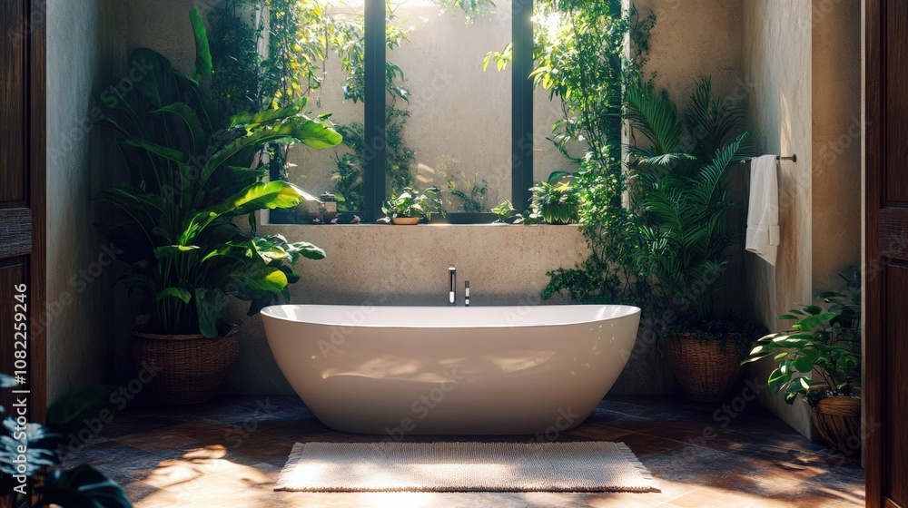 bathroom with freestanding bathtub and lush greenery. The interior is spacious and bright Bathroom in loft style. bathroom with freestanding bathtub and lush greenery. The interior is spacious and bright Bathroom in loft style.