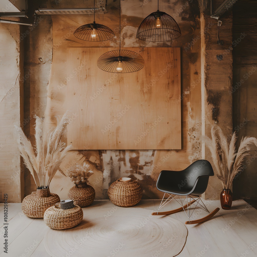 Obraz premium A warm-toned industrial setting with exposed concrete walls, a blank canvas ready for art, unique hanging lights, a sleek modern rocking chair, and natural decor elements like woven floor pots on a li