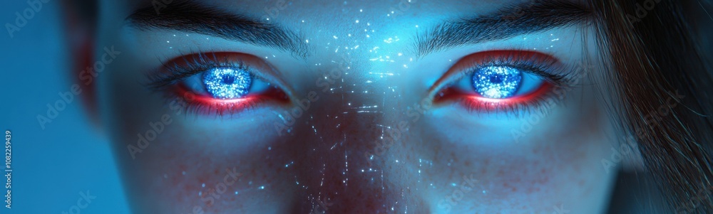 Someone has a glowing eye with red and blue lights, portrait, banner, copy space Someone has a glowing eye with red and blue lights, portrait, banner, copy space