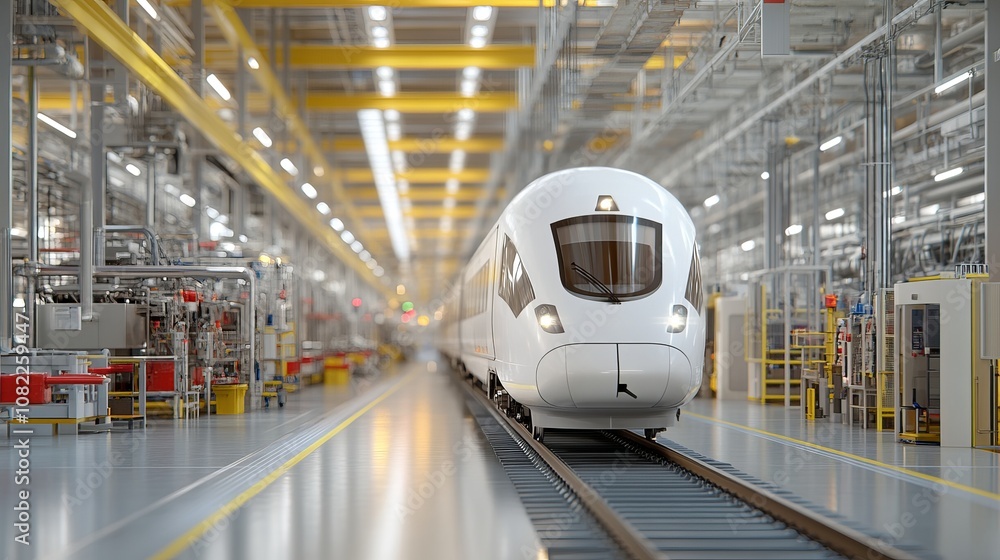 Fototapeta premium High-speed train gliding through a hypermodern industrial zone, surrounded by automated machines and advanced infrastructure, Photorealistic