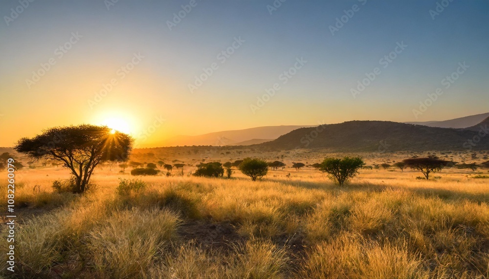 Sunrise Over a Vast Savannah With Golden Grass Stretching to the Horizon, Dotted With Acacia Trees and Backed by Distant Rolling Hills Under a Clear Sky Sunrise Over a Vast Savannah With Golden Grass Stretching to the Horizon, Dotted With Acacia Trees and Backed by Distant Rolling Hills Under a Clear Sky