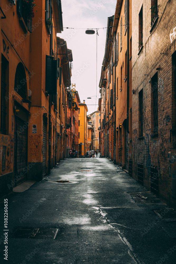 Fototapeta premium Wet street in bologna, italy with old buildings, graffiti, and puddles, reflecting european history and italian culture. Deserted alleyways exude quiet, moody atmosphere in emilia romagna