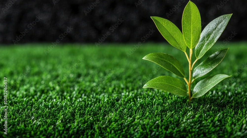 Green Plant Sprouting Through Artificial Grass Green Plant Sprouting Through Artificial Grass
