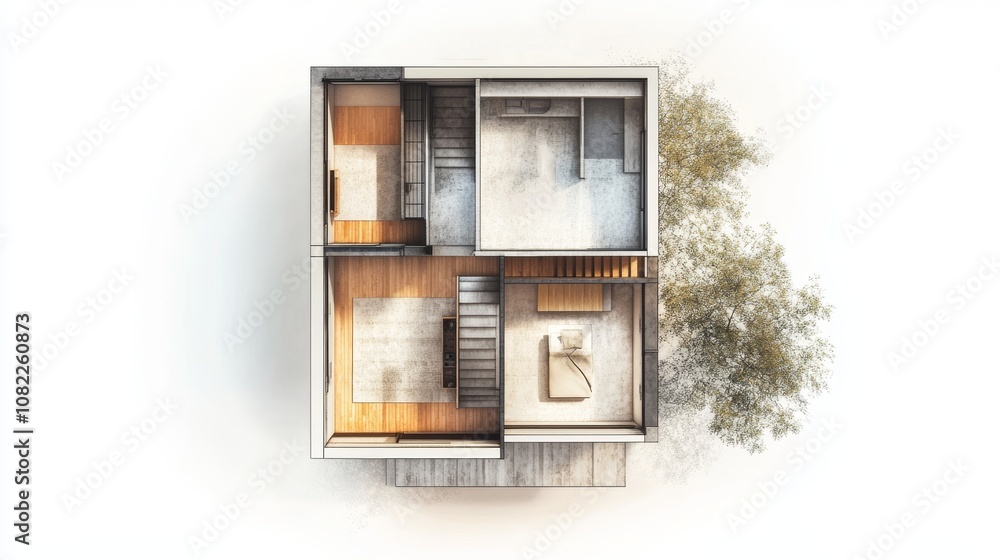 A drawing of a house from above, showing the layout of the rooms. The house is on a white background. A drawing of a house from above, showing the layout of the rooms. The house is on a white background.