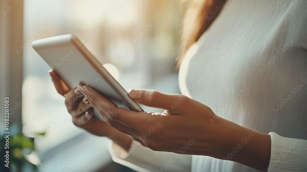 Woman Using Tablet in a Sunlit Room, Capturing the Essence of Modern Technology and Mobile Communication with a Focus on Lifestyle and Digital Interaction Woman Using Tablet in a Sunlit Room, Capturing the Essence of Modern Technology and Mobile Communication with a Focus on Lifestyle and Digital Interaction
