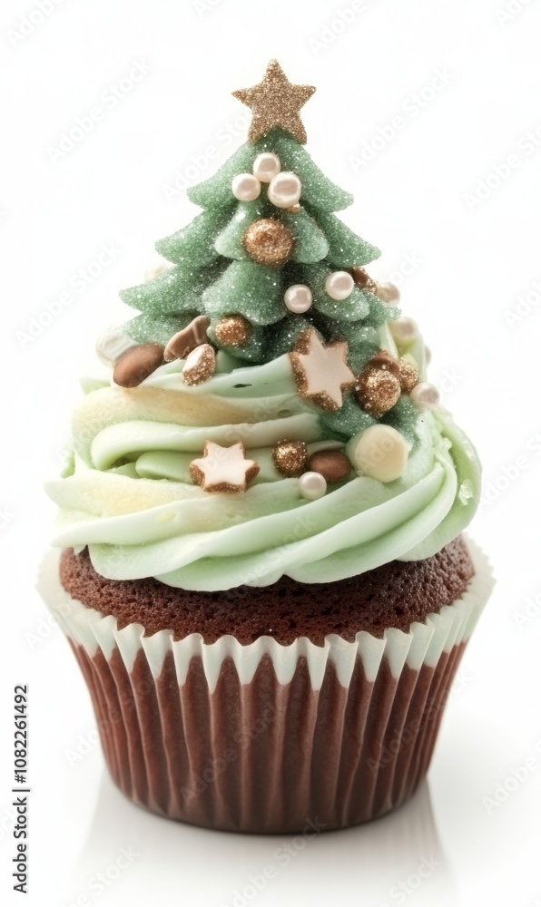 Christmas cupcake on white background, holiday sweet dessert Christmas cupcake on white background, holiday sweet dessert