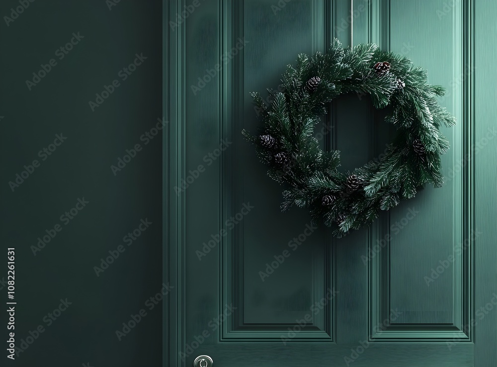 Christmas wreath with a red bow on a dark green door background Christmas wreath with a red bow on a dark green door background